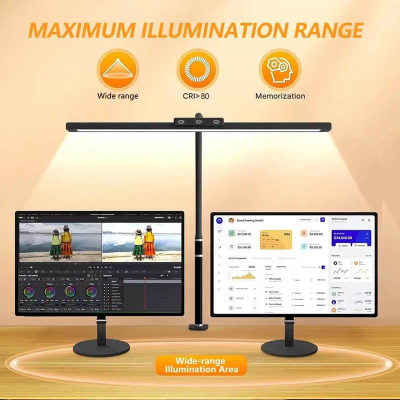 Luminária de mesa LED preta com ampla iluminação para dois monitores, ajuste de brilho e temperatura