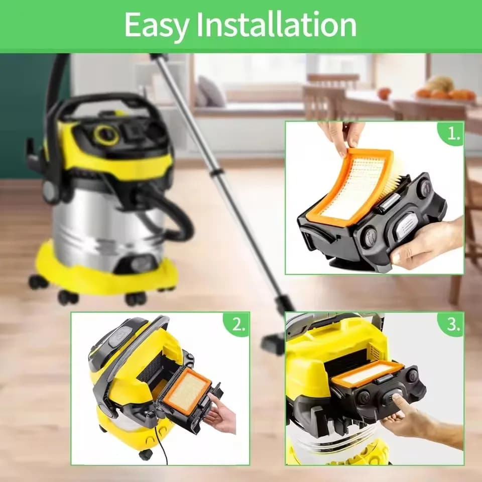 Instalação fácil do filtro HEPA laranja para aspirador Karcher com etapas demonstradas em aspirador amarelo e preto