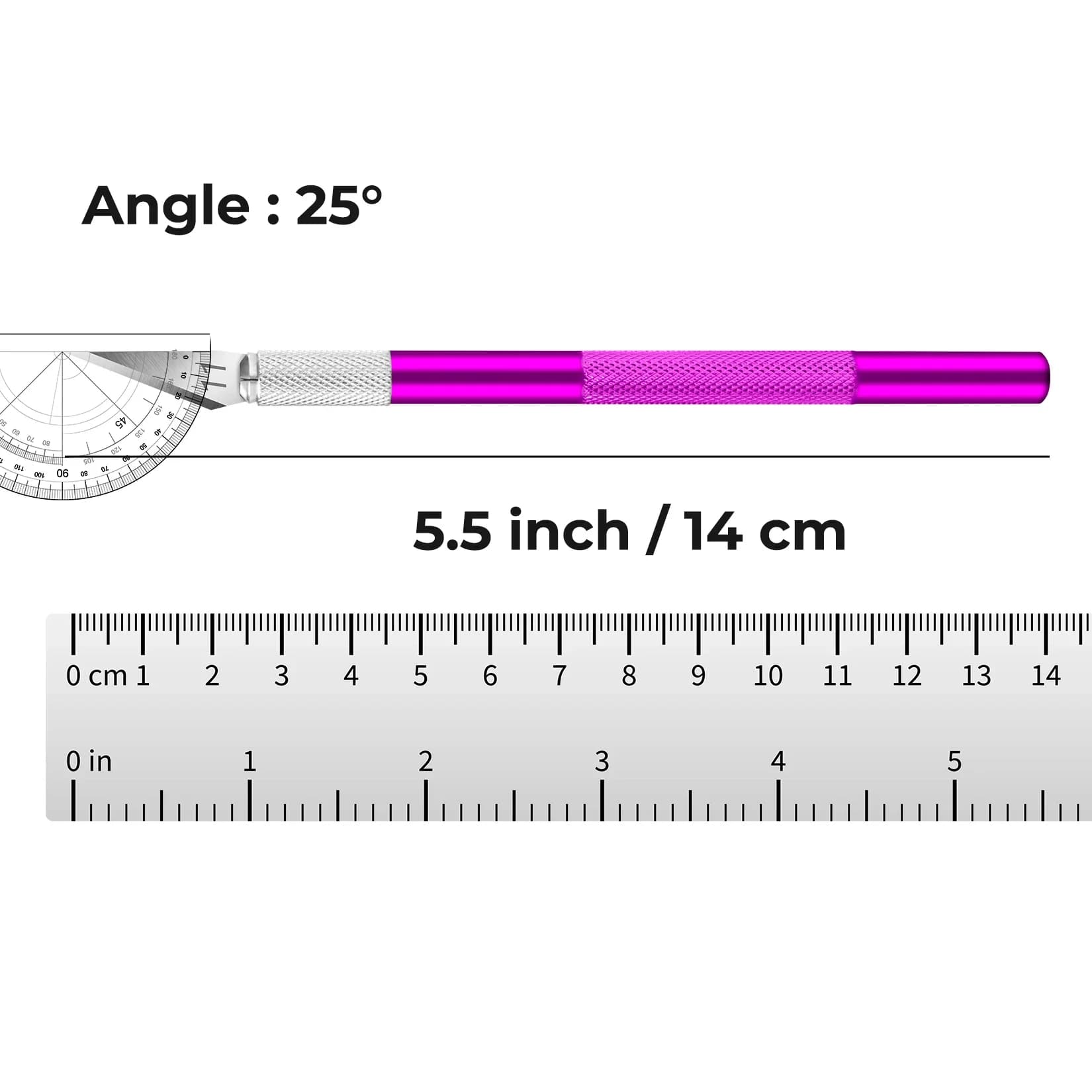 Faca hobby roxa com lâmina de precisão, medindo 14 cm com ângulo de corte de 25 graus