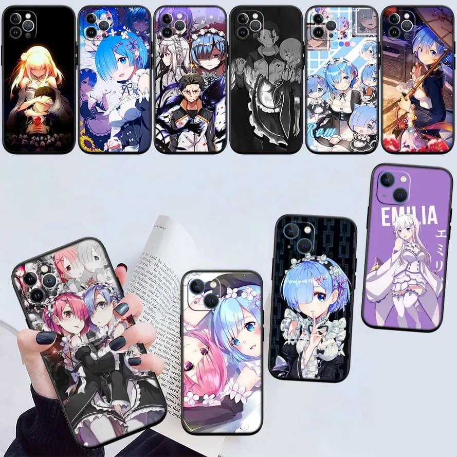 Conjunto 8 capas de celular Xiaomi Poco preto com personagens Emilia Ram Rem do anime Re:Zero