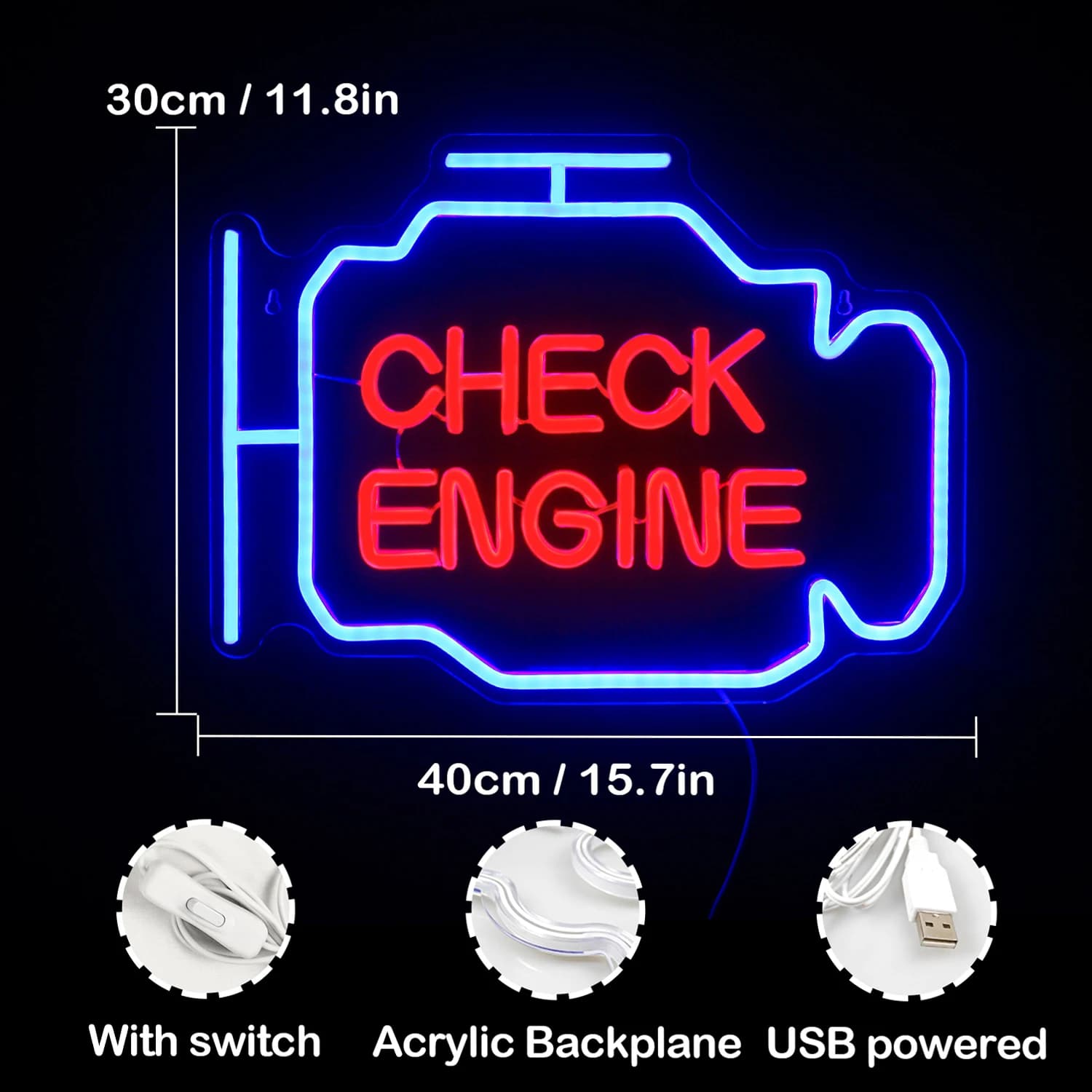Luminária neon Check Engine azul e vermelho com base acrílica e cabo USB com interruptor