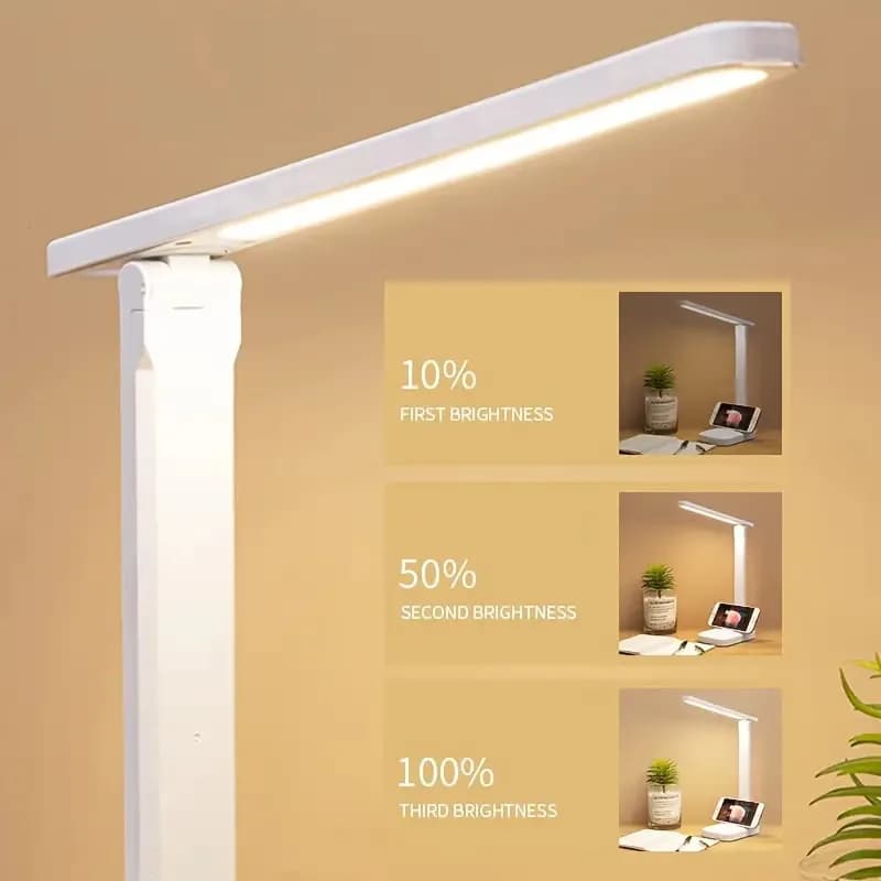 Luminária de mesa LED branca mostrando 3 níveis de brilho ajustáveis para proteção ocular e uso recarregável