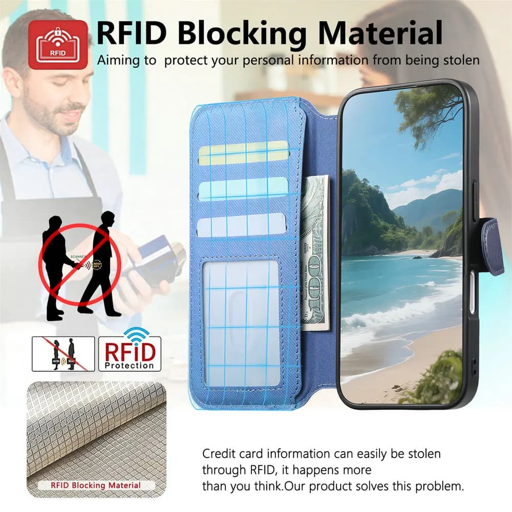 Capa de couro azul claro para Xiaomi Redmi Note 14 Pro 5G com zíper destacável, compartimentos para cartões e dinheiro, e suporte para fones de ouvido