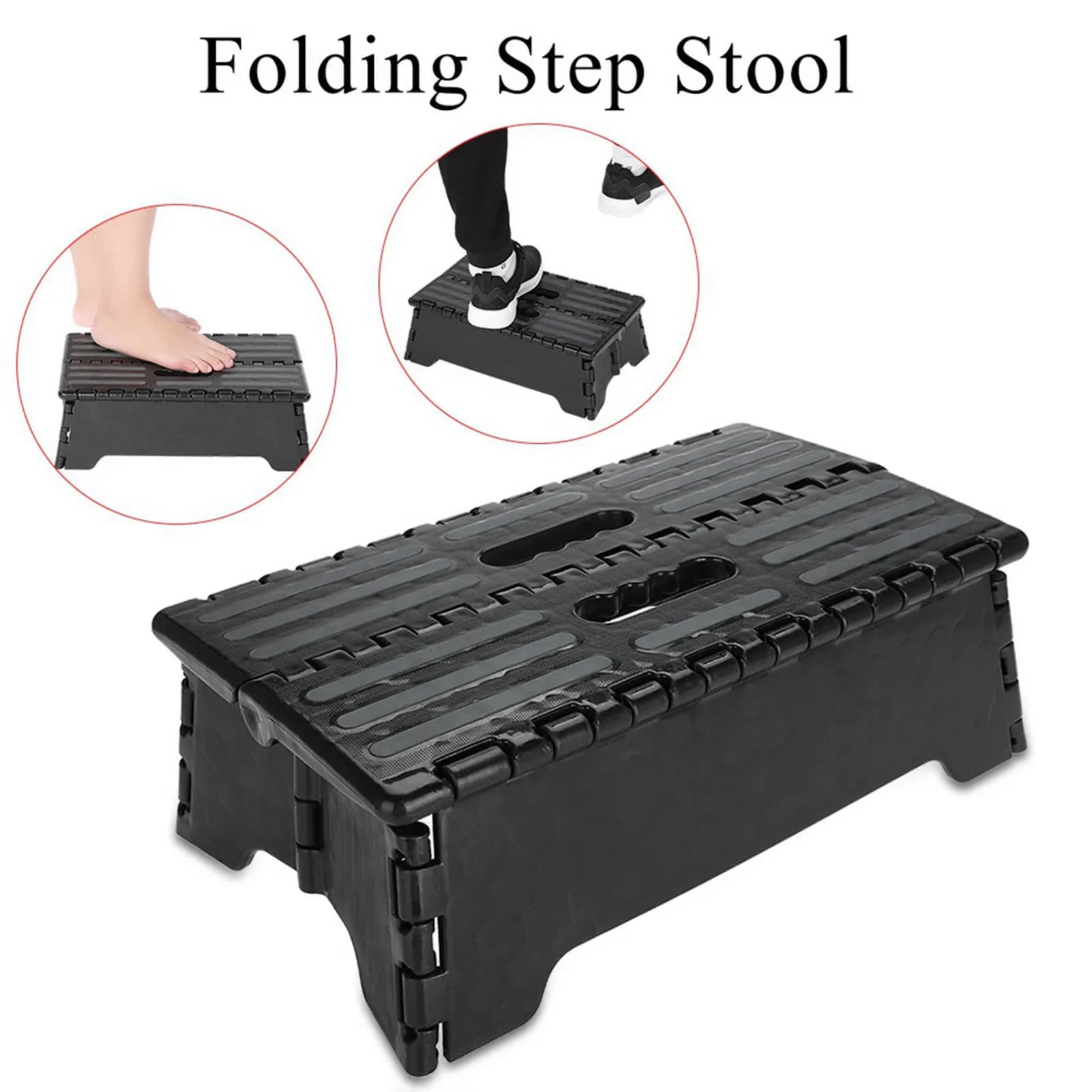 Escada dobrável preta para idosos, com superfície antiderrapante e bordas de proteção, ideal para uso em banheiros e viagens.