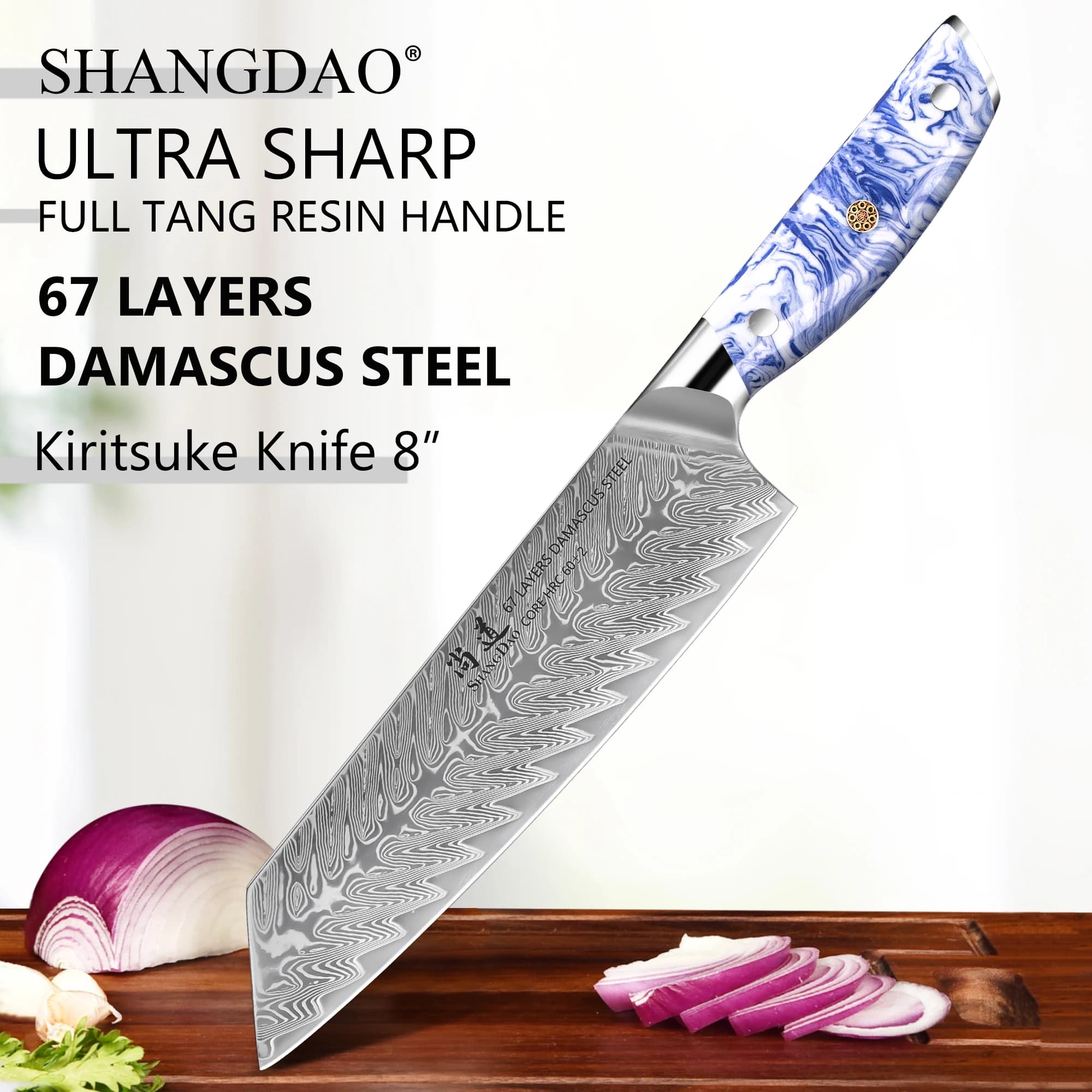 Faca de Chef Kiritsuke SHANGDAO 8 Polegadas, Aço Damasco VG10 com Cabo de Resina Azul e Branca