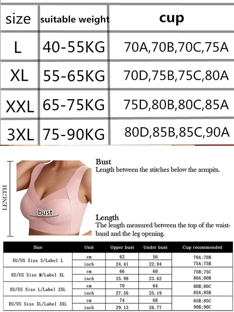 Tabela de tamanhos do sutiã sem costura plus size com medidas e indicações de peso e copa