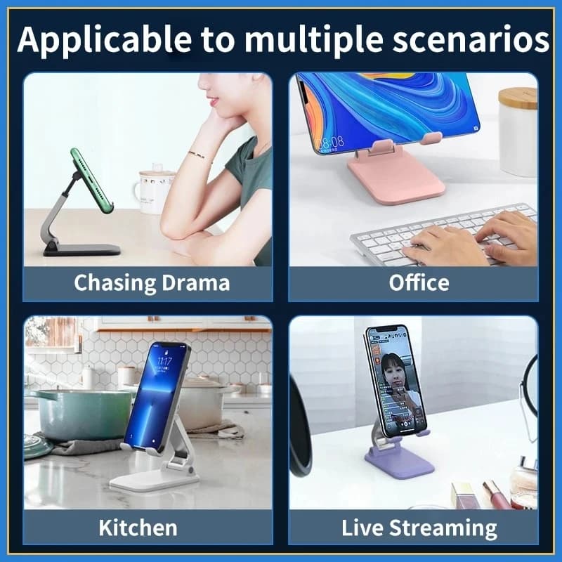 Suporte portátil para celular em uso em diferentes cenários como escritório, cozinha, streaming ao vivo e assistindo séries