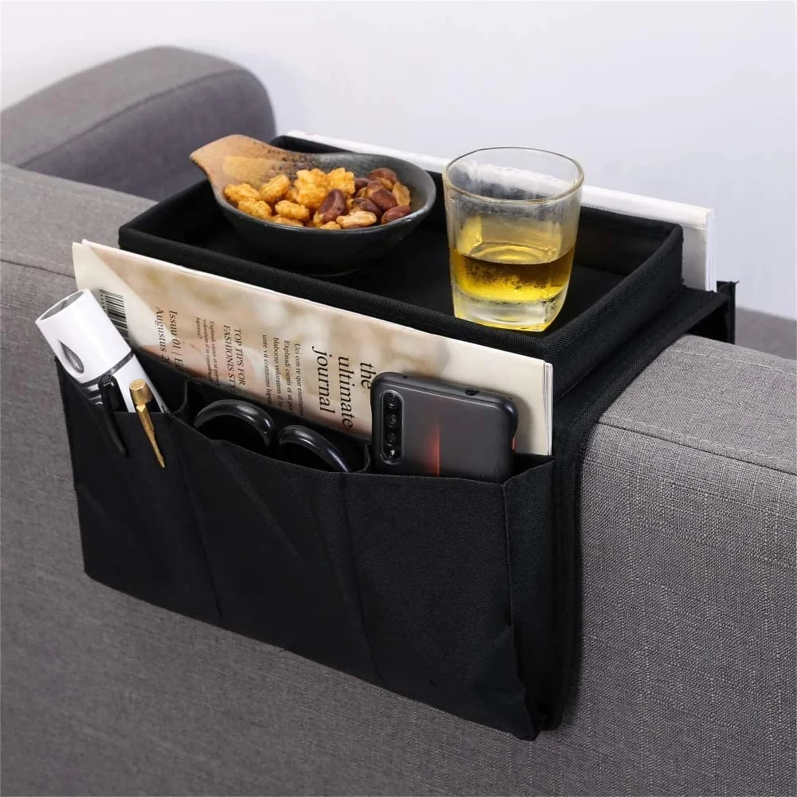 Organizador de apoio de braço preto com bandeja, suporte para copo e bolsos laterais para objetos