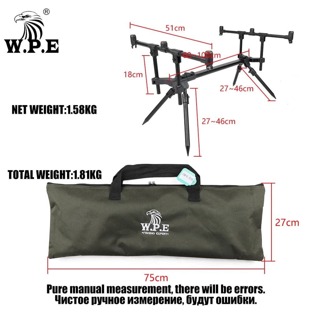 Suporte para vara de pesca W.P.E preto ajustável retrátil com medidas e bolsa de transporte verde