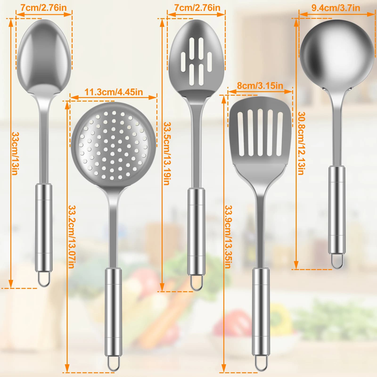 Conjunto de utensílios de cozinha em aço inoxidável com espátula, colher e peneira