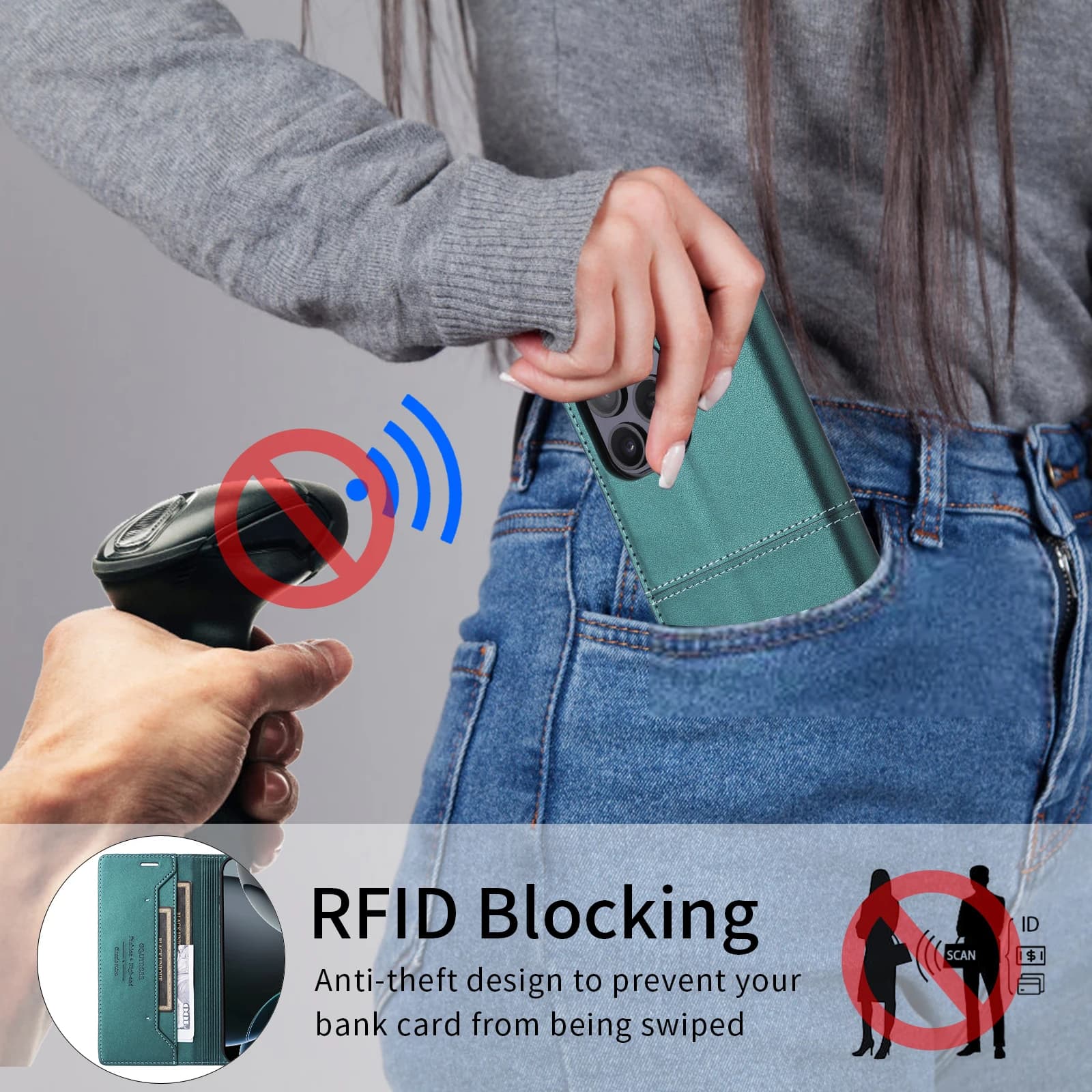 Capa carteira verde para Xiaomi Redmi Note com bloqueio RFID para proteção contra roubo de dados