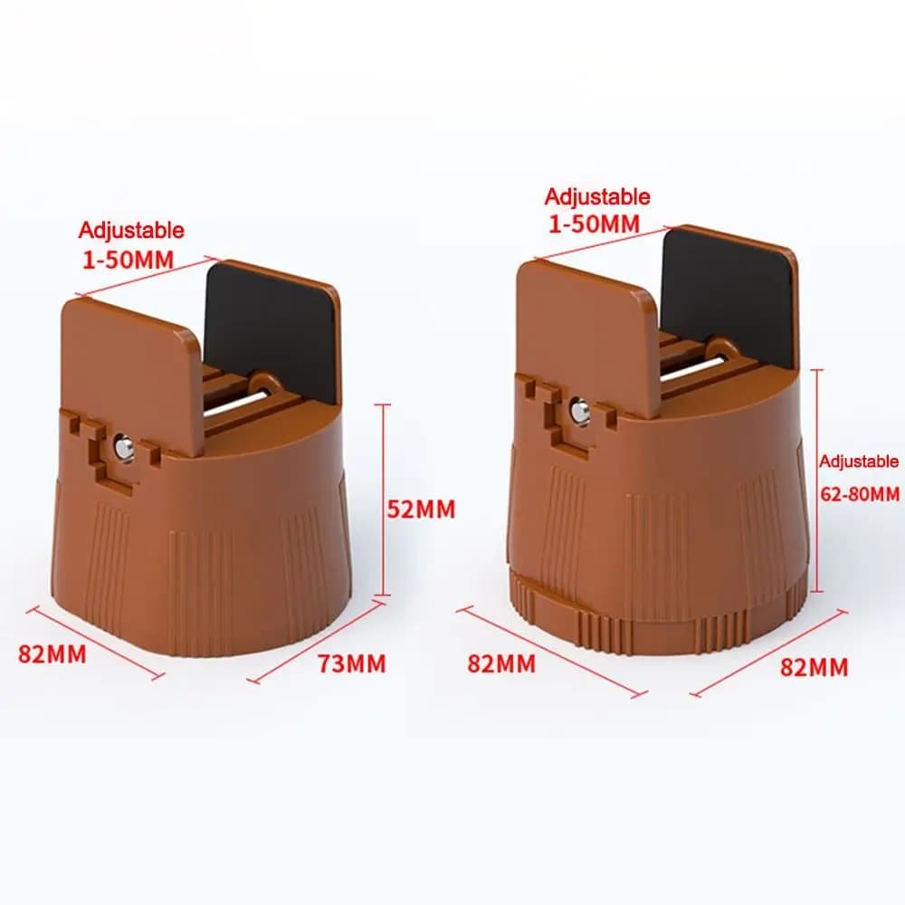 Elevador para móveis marrom com ajuste de altura entre 1 a 50 mm e 62 a 80 mm dimensões detalhadas