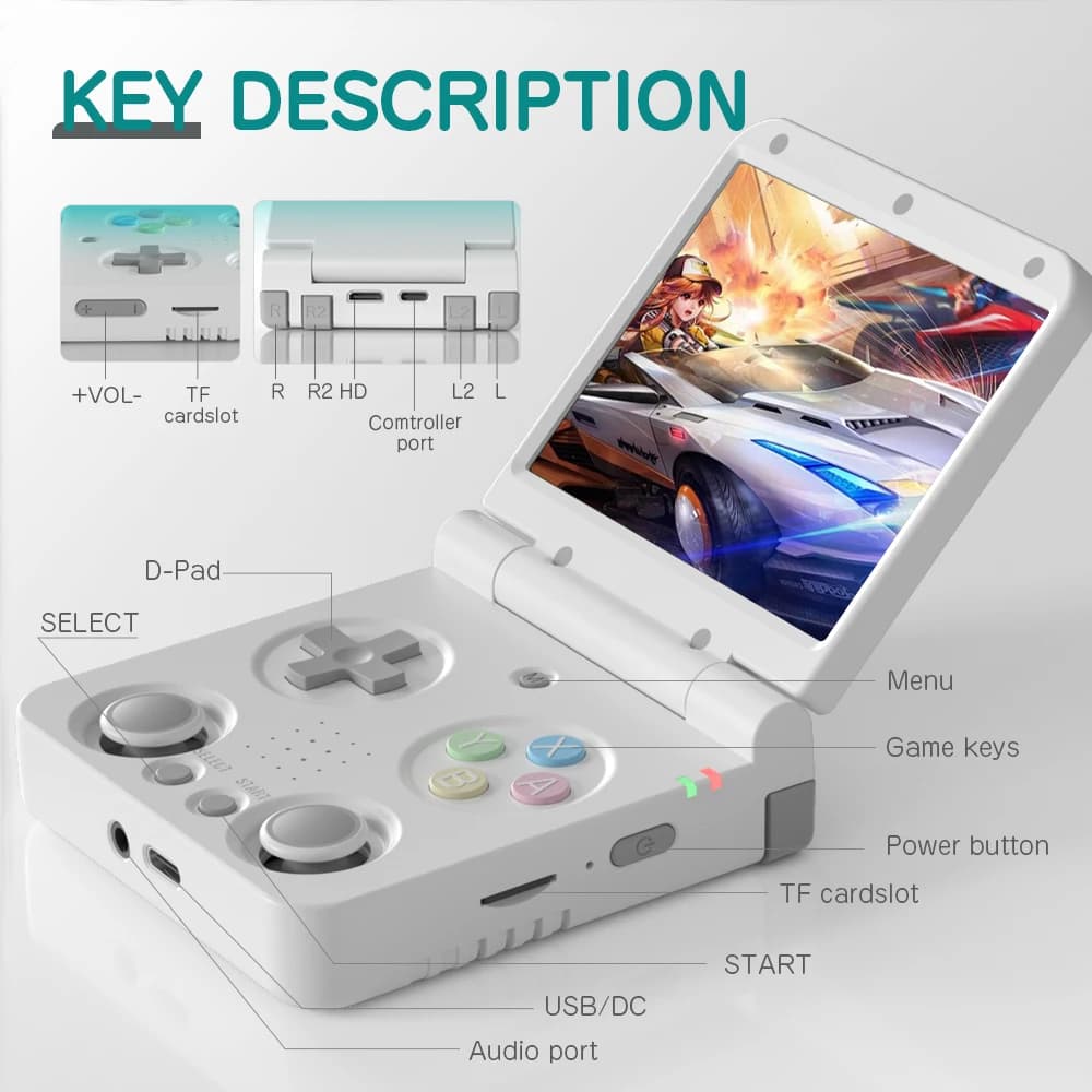 Console de jogos portátil Miyoo Flip V2 branco com tela IPS 3,5 polegadas e botões coloridos