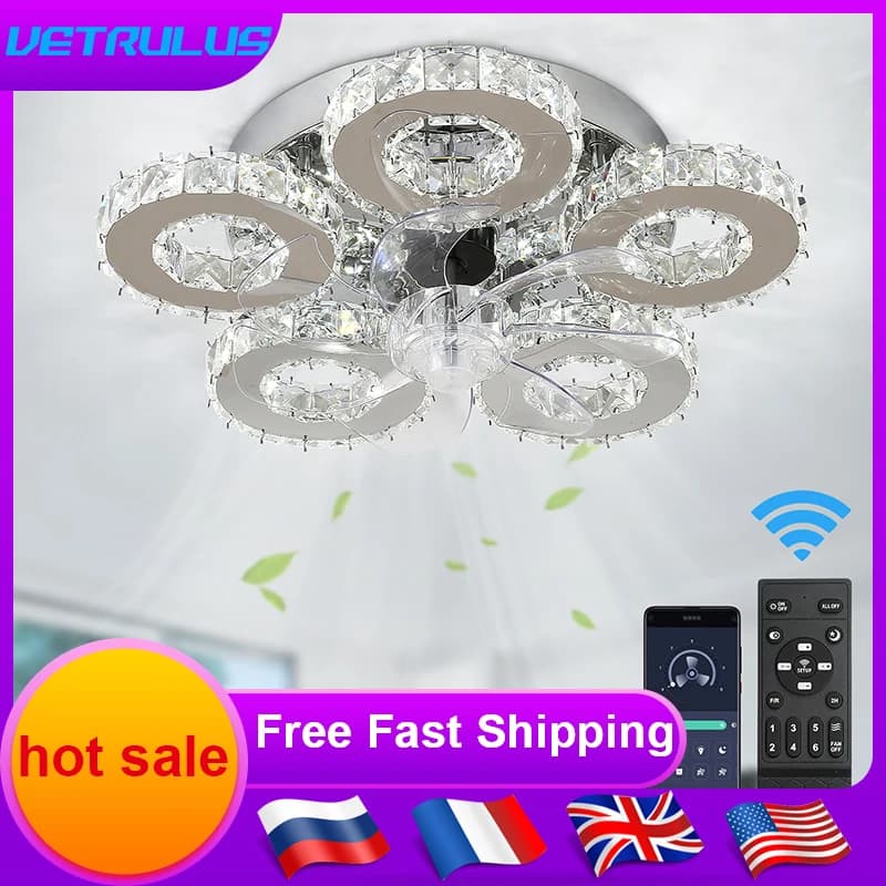 LED Cristal Ventilador de teto Lâmpada, Smart App, RC, Moderno, Luz, Lustre, Home Decor, Sala de estar, Sala de jantar