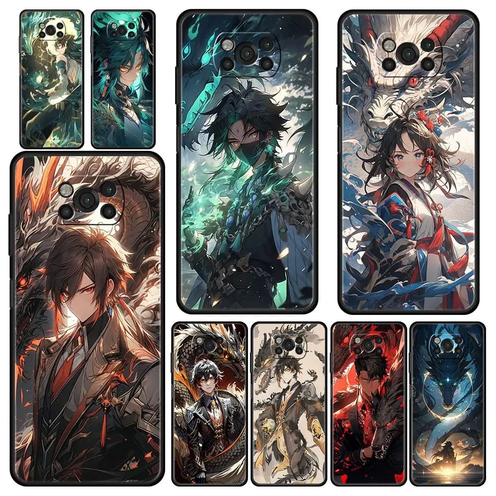 Capas de telefone Genshin Impact com personagens como Zhongli e outros em poses detalhadas