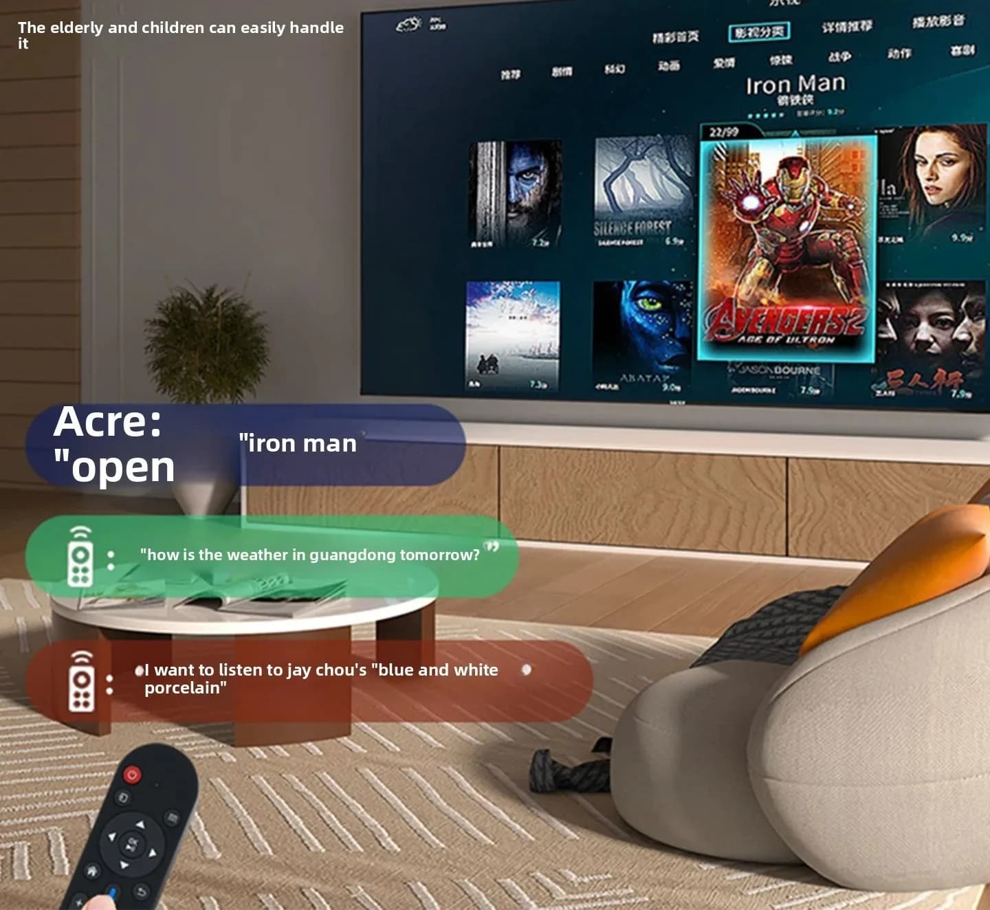 TV LCD Smart exibindo interface de filmes com 'Iron Man' e 'Avatar' em fundo de tijolos