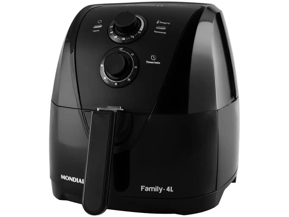 Fritadeira elétrica sem óleo Mondial Family-4L, modelo preto com controles rotativos e visor digital