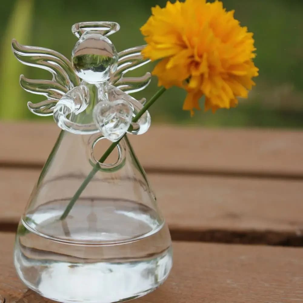 Vaso transparente em forma de anjo com flor amarela, vidro borossilicato, artesanal