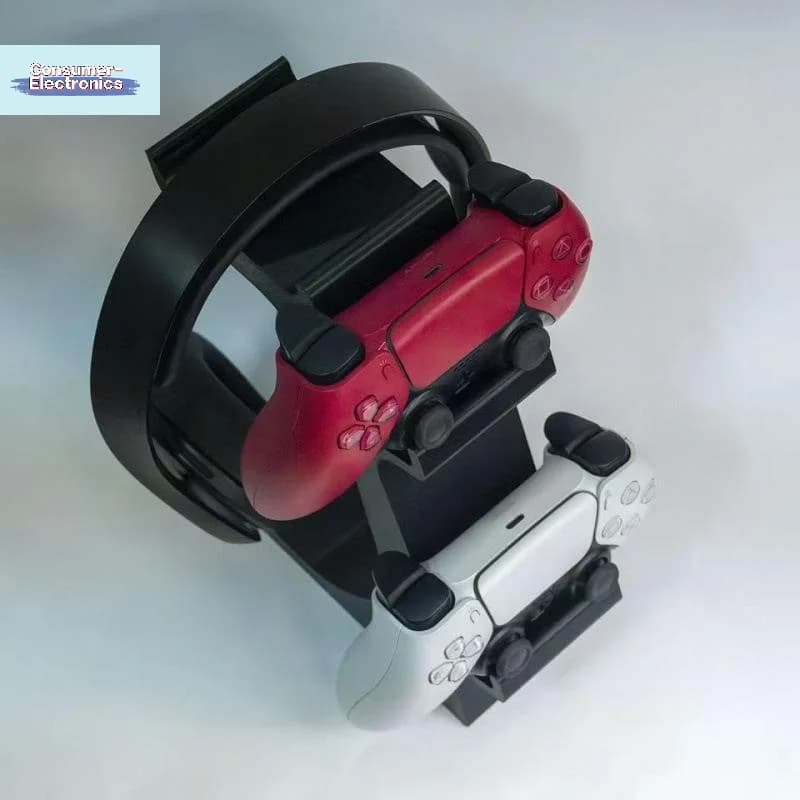 Suporte para controle 3 em 1 para jogos com suporte para fone de ouvido, organizador de mesa para 2 gamepads e 1 fone de ouvido branco e vermelho