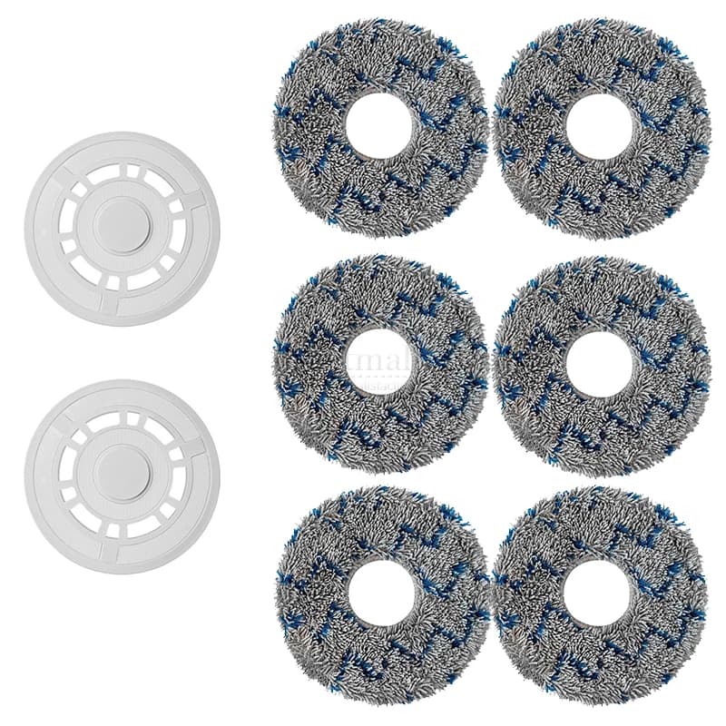 Set de suporte para pano de limpeza de aspirador robô Xiaomi, quatro discos de cerdas cinza com azul e dois discos de suporte brancos.