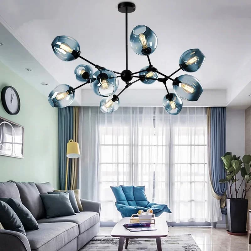 Luminária de teto moderna de vidro azul com design de bolha para sala de estar