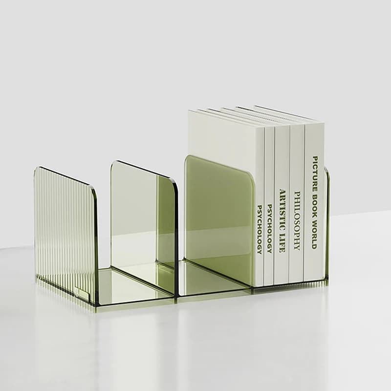 Suporte transparente para livros com três compartimentos, verde e branco