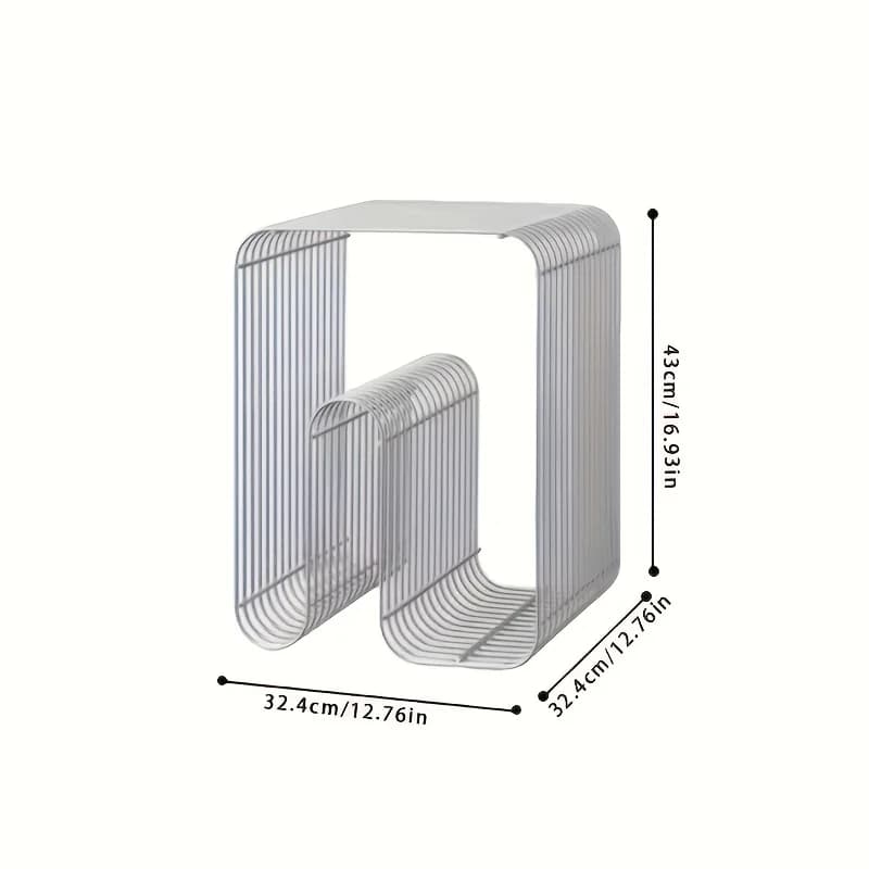 Mesa com estante quadrada branca em metal com porta-revistas integrada e dimensões 43x32,4 cm