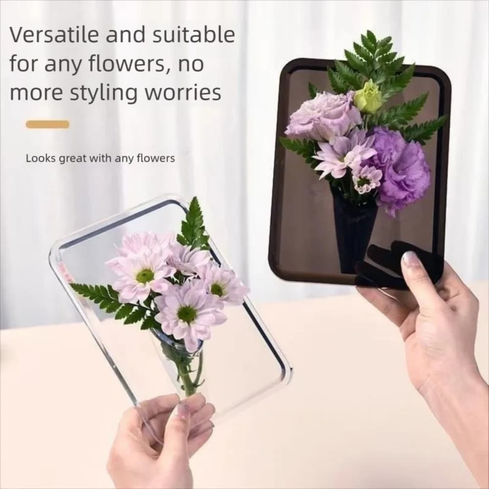 Vaso para flores transparente em moldura acrílica com arranjo de flores frescas e secas