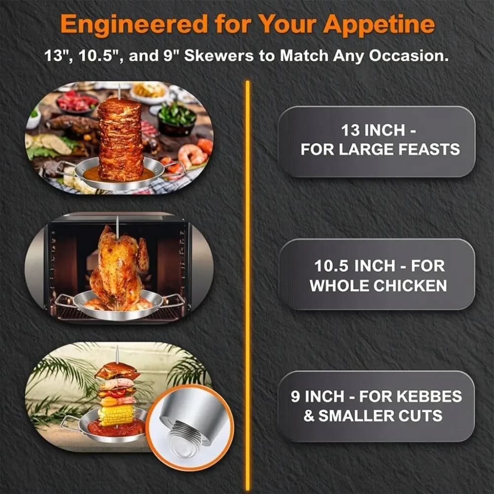Conjunto de espetos para shawarma inox 13, 10,5 e 9 polegadas com indicações para diferentes tipos de carne