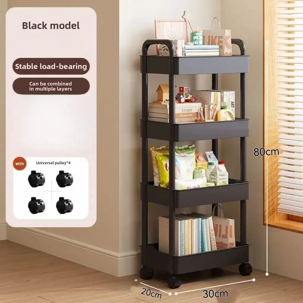 Carrinho de armazenamento preto 3 níveis com rodas, 80cm altura, 30cm largura, design moderno