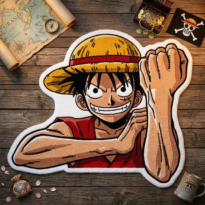 Tapete irregular com personagem de anime One Piece Luffy, macio e antiderrapante, ideal para decoração de quarto infantil.