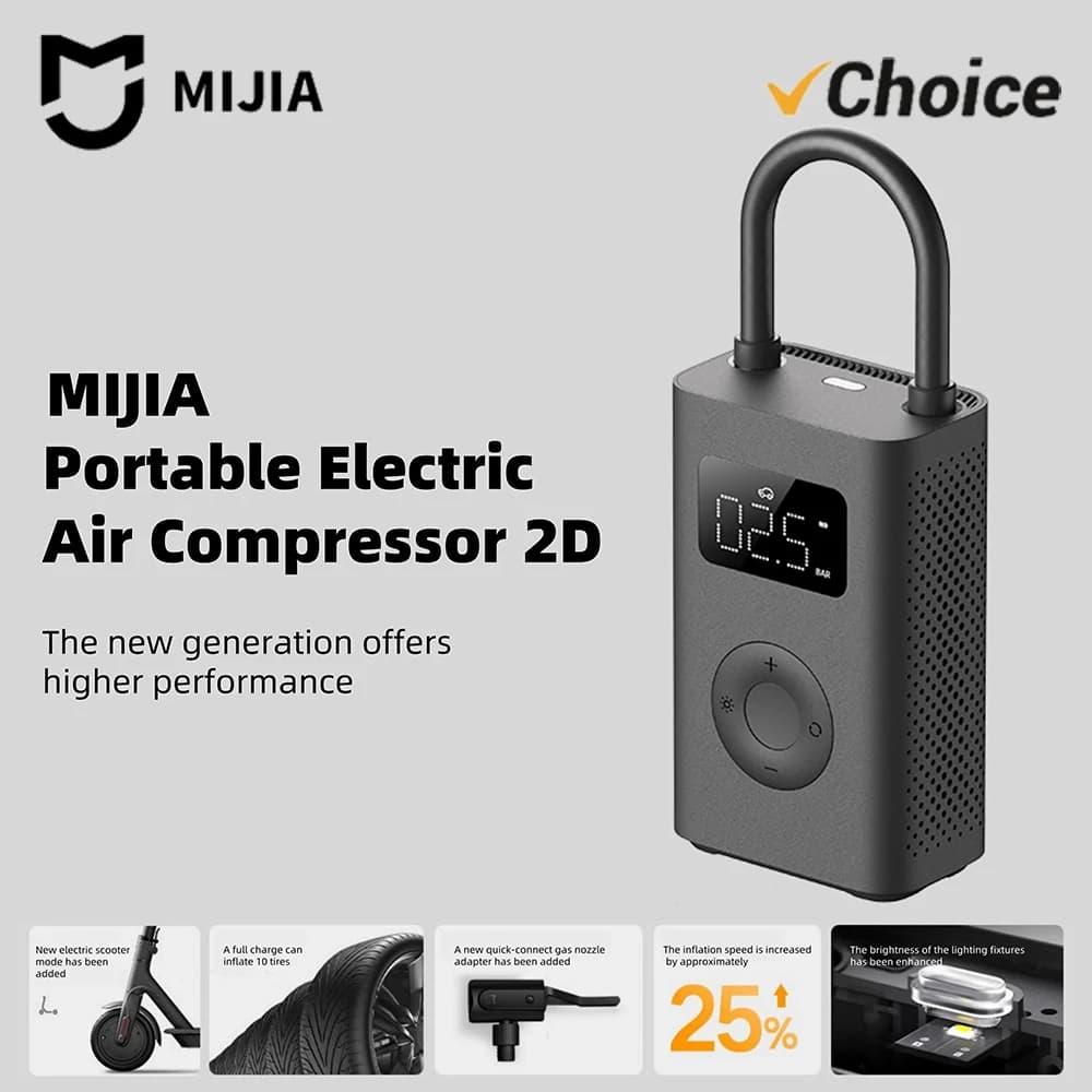 Compressor de ar portátil MIJIA 2D, cinza, novo modelo com display digital e botão central