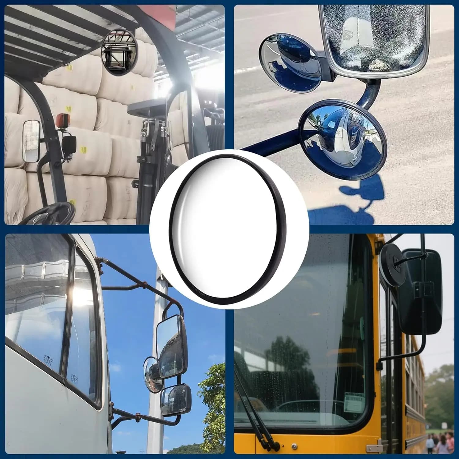 Espelho retrovisor convexo para caminhões em uso, com montagem preta e design anti-vibração durável