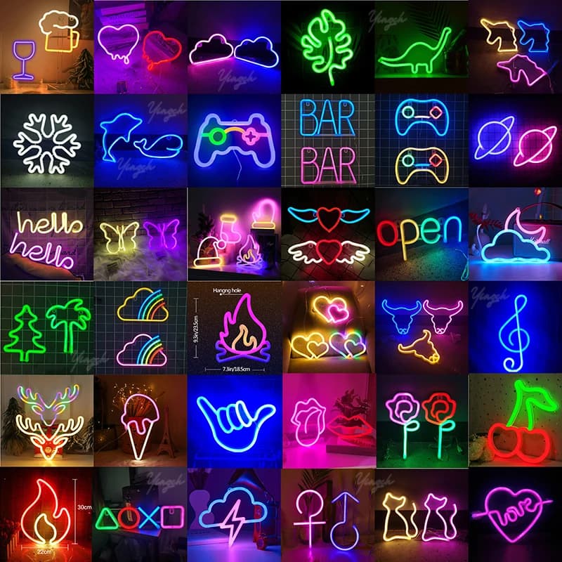 Luminárias de néon LED decorativas coloridas em formatos variados para decoração infantil e ambiente moderno