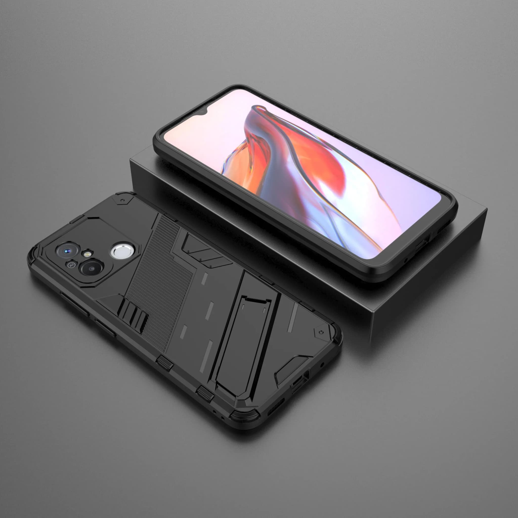 Capa preta para Xiaomi Redmi 11A 12C com suporte retrátil e proteção reforçada em TPU e PC