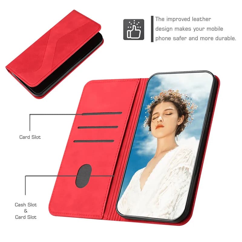 Capa flip vermelha em couro para Xiaomi Redmi 10 2022 com slots para cartão e dinheiro
