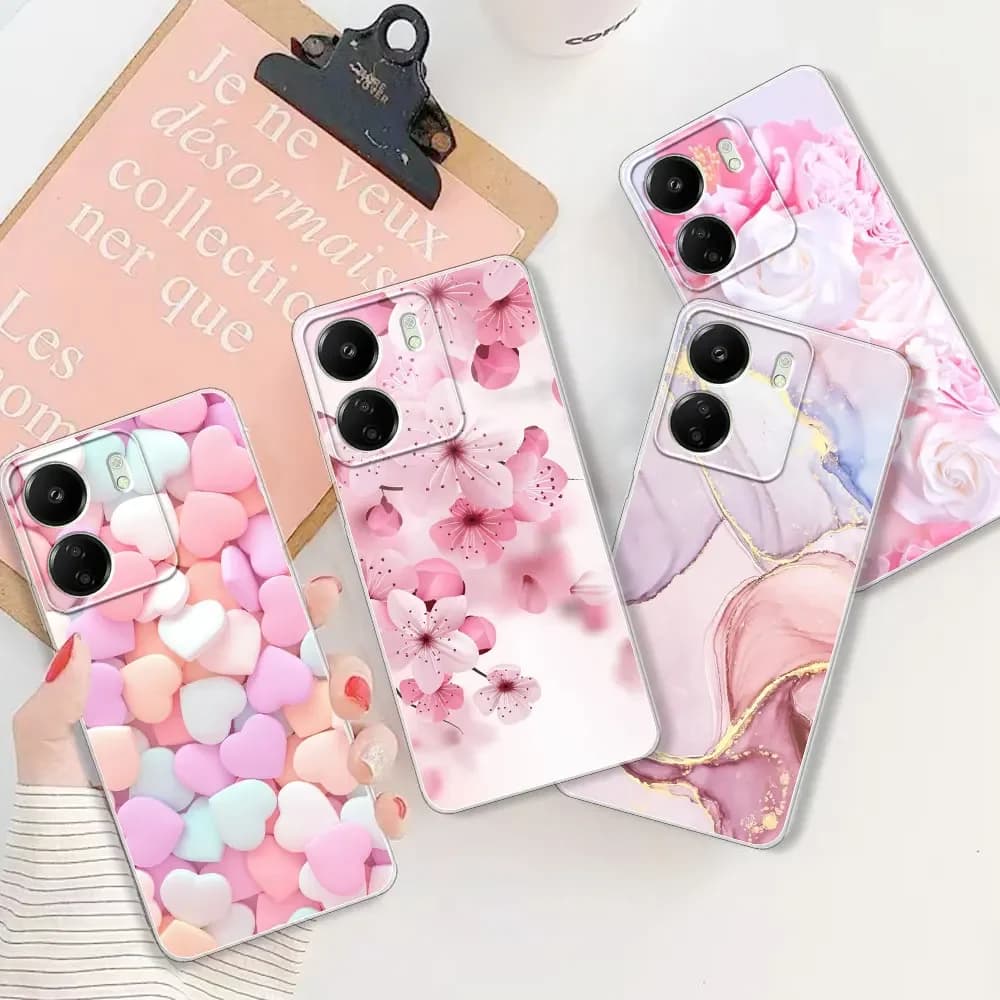 Capas de telefone transparentes para Xiaomi Poco C65 e C55 com vários designs, incluindo floral e lobo com borboletas.