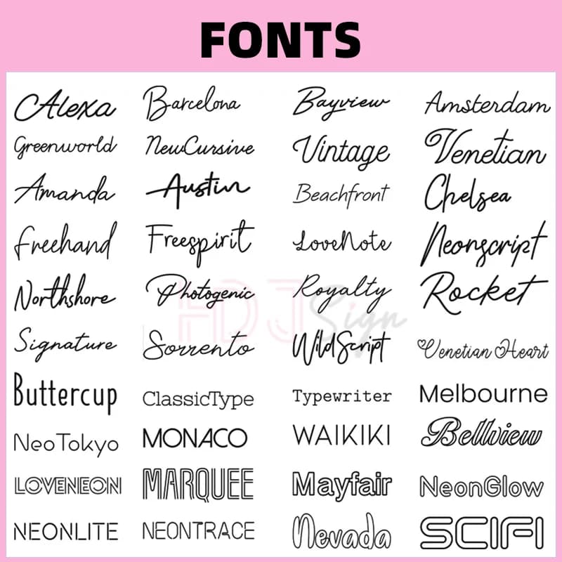 Fontes variadas para letreiro neon LED personalizado com estilos manuscritos, clássicos e modernos