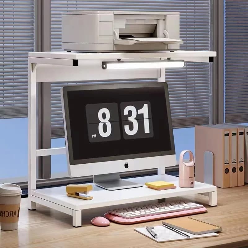 Suporte de mesa para escritório com estante superior para impressora e estante inferior para monitor Apple, teclado e outros acessórios de escritório.