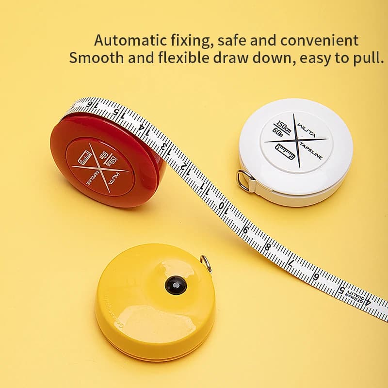 Fita métrica Wuta mini retrátil com trava, corpo vermelho, branco e amarelo, fita flexível de 150cm