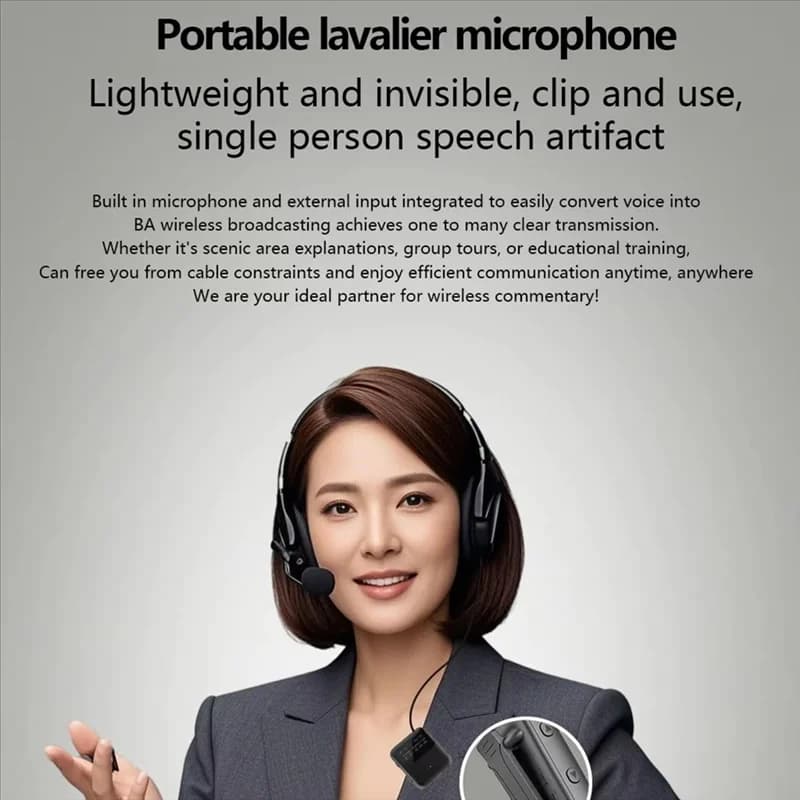 Microfone lavaliere preto e fones de ouvido com microfone embutido para transmissão de áudio sem fio.