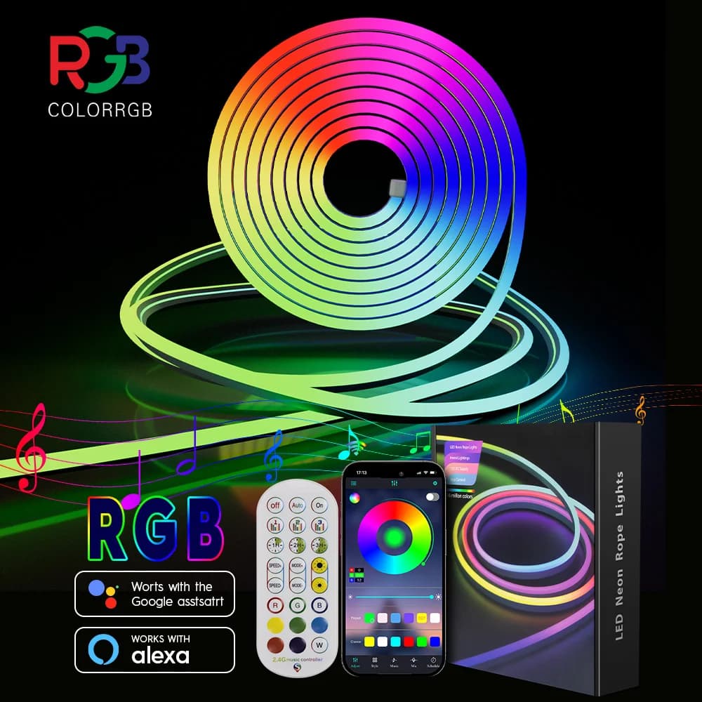 Luz de tira de néon led, 3/5m inteligente led wifi app rgb, 16 cores, luz diy impermeável tira de luz flexível trabalho com alexa