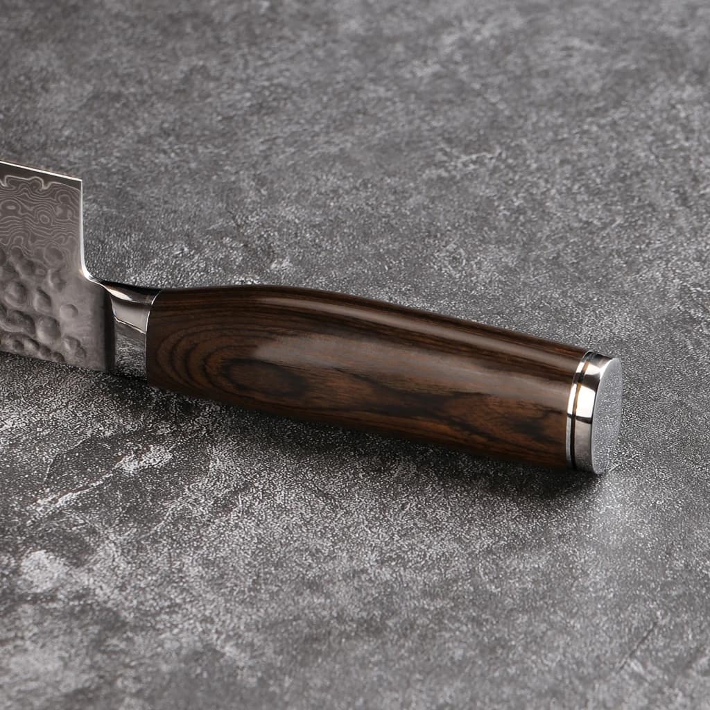 Cabo de madeira escura polida da faca Nakiri japonesa VG-MAX Damasco com detalhes metálicos prateados
