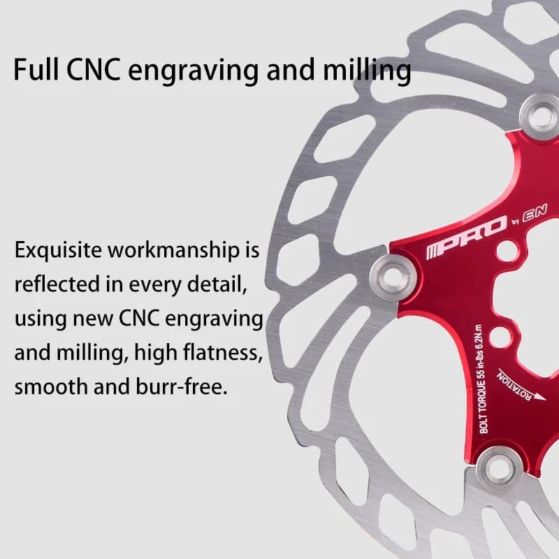 Rotor de freio a disco vermelho com gravação CNC detalhada para freio hidráulico