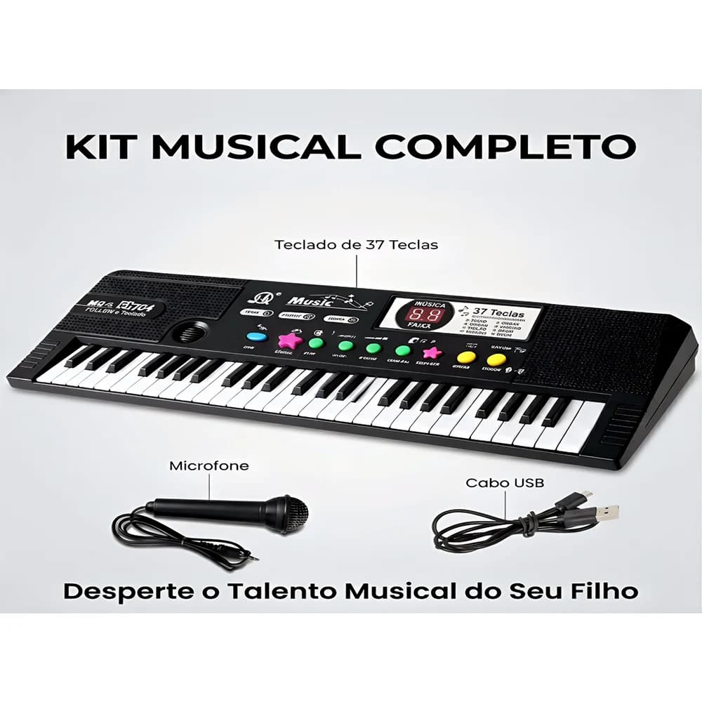 Teclado de piano com 37 teclas, piano digital com alto-falante e microfone integrados, teclado portátil para iniciantes, ideal