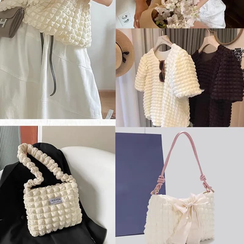 Tecido macio elástico xadrez em várias cores para costura, em camadas com textura de bolha e waffle.