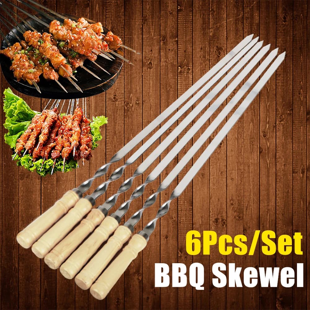 Set de 6 espetos de churrasco com alças de madeira e pontas em aço inoxidável