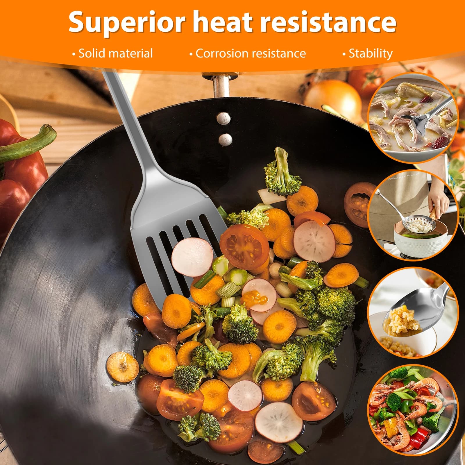 Utensílio de cozinha inox resistente ao calor mexendo legumes em wok preto com alta durabilidade