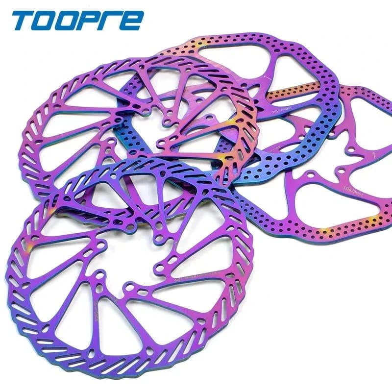 Rotores de freio a disco coloridos para bicicletas de montanha, estrada e cruiser, aço inoxidável, design ventilado