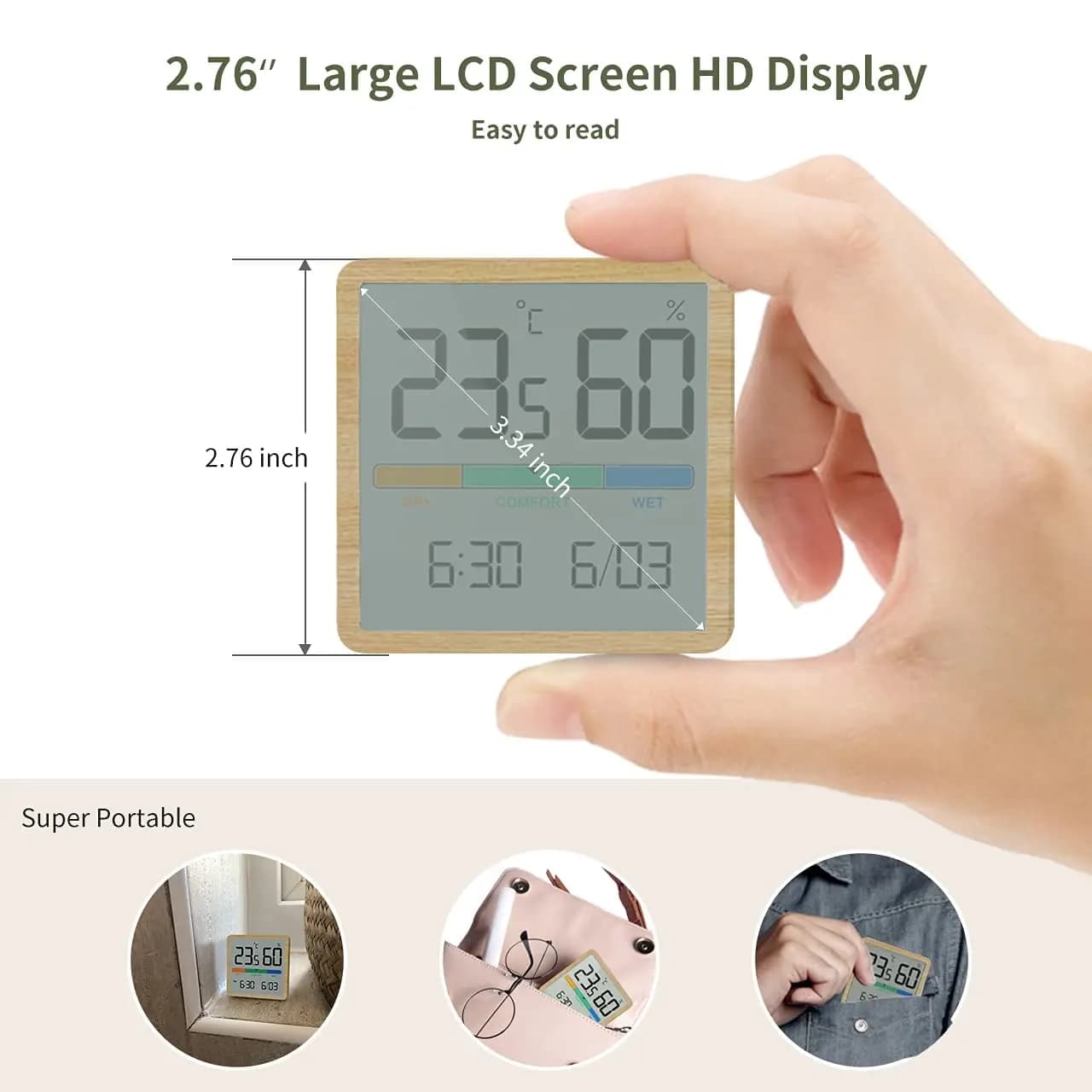 Higrômetro digital compacto com tela LCD grande 2.76 polegadas fácil leitura portátil para uso interno
